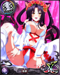 Rule 34 | 1girl, animal ears, bishop (chess), black hair, blush, breasts, card (medium), cat ears, cat girl, cat tail, chess piece, cleavage, fangs, female focus, flower, high school dxd, kuroka (high school dxd), large breasts, multiple tails, navel, official art, open mouth, purple lips, revealing clothes, rose, sideboob, slit pupils, smile, solo, tail, thighhighs, two tails, yellow eyes