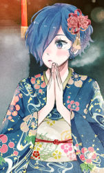 Rule 34 | 1girl, alternate costume, bad id, bad pixiv id, blue eyes, blue hair, blue kimono, blush, closed mouth, dark background, floral print, flower, gradient background, hair flower, hair ornament, hair over one eye, hands up, highres, japanese clothes, kimono, kirishima touka, long sleeves, looking to the side, obi, own hands clasped, own hands together, red flower, sash, short hair, solo, tokyo ghoul, tokyo ghoul:re, toukaairab, wide sleeves