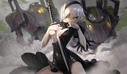 Rule 34 | 1girl, absurdres, android, black dress, black hairband, blindfold, blood, blood on face, blood on hands, breasts, closed mouth, covered eyes, covered navel, covering privates, covering breasts, cowboy shot, dress, hair over eyes, hairband, hand to own mouth, hand up, highres, holding, holding sword, holding weapon, juliet sleeves, legs apart, lihaojie, long sleeves, machinery, medium breasts, moss, nier (series), nier:automata, pod (nier:automata), puffy sleeves, rain, robot, short hair, silver hair, solo, sword, torn clothes, torn dress, turtleneck, vambraces, weapon, wet, wet clothes, wet hair, 2b (nier:automata)