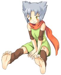Rule 34 | 00s, 1girl, barefoot, feet, final fantasy, final fantasy unlimited, full body, lou lupus, oyatsu (mk2), scarf, short hair, simple background, sitting, smile, soles, solo, toes, white background, yellow eyes