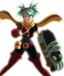 Rule 34 | 1girl, belt, blue eyes, blue hair, boots, gloves, goggles, goggles on head, highres, indivisible, kampan (indivisible), lewdamone, matching hair/eyes, mechanical arms, scarf, single mechanical arm, solo, thigh boots, thighhighs, white background
