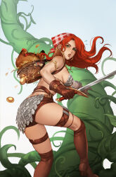 Rule 34 | 1girl, armlet, armor, artist name, bikini armor, bird, boots, breasts, brown footwear, brown gloves, brown shorts, chicken, commentary, english commentary, gloves, golden egg, green eyes, highres, holding, holding sword, holding weapon, leirix, long hair, looking at viewer, medium breasts, plant, red hair, red sonja, red sonja (comics), revealing clothes, short shorts, shorts, sideboob, signature, simple background, sword, weapon, white background