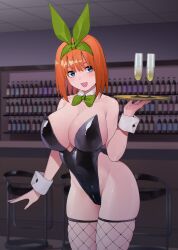 Rule 34 | 1girl, :d, alternate breast size, alternate costume, animal ears, bar (place), black leotard, blue eyes, bottle, bow, bowtie, breasts, cleavage, crotch zipper, cup, detached collar, fishnet thighhighs, fishnets, go-toubun no hanayome, green bow, green bowtie, green ribbon, hair between eyes, hair ribbon, highleg, highleg leotard, highres, holding, holding tray, huge breasts, indoors, kosmos beta, leotard, looking at viewer, nakano yotsuba, open mouth, orange hair, playboy bunny, ribbon, smile, solo, thighhighs, tray, white wrist cuffs, wing collar, wrist cuffs, zipper