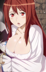 Rule 34 | 10s, 1girl, bad id, bad pixiv id, breasts, cleavage, dress, jet yowatari, large breasts, long hair, maou (maoyuu), maoyuu maou yuusha, pillow, red eyes, red hair, signature, solo