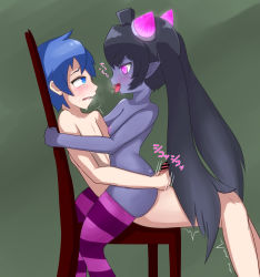 Rule 34 | 1boy, 1girl, absurdres, ass, bar censor, black hair, blue eyes, blue hair, blush, breasts, censored, chair, chrome (mon-musu quest!), colored skin, commentary request, fang, feet out of frame, frown, girl on top, glowing horns, green background, hat, heavy breathing, hetero, highres, horns, hug, kazami windy, long hair, looking at another, luka (mon-musu quest!), male masturbation, masturbation, mon-musu quest!, motion lines, nipples, nude, nurse cap, open mouth, penis, pink horns, pink legwear, pointy ears, purple legwear, purple skin, ringed eyes, short hair, simple background, sitting, small breasts, smile, striped clothes, striped legwear, striped thighhighs, tears, thighhighs, tongue, tongue out, trembling, twintails