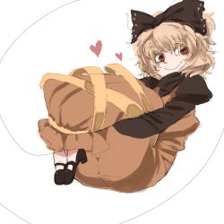 Rule 34 | 1girl, blonde hair, bow, brown eyes, eyebrows, female focus, hair bow, heart, hugging own legs, iroyopon, kurodani yamame, short hair, simple background, sketch, smile, solo, thick eyebrows, touhou, white background