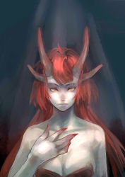 Rule 34 | 1girl, absurdres, bare shoulders, breasts, cleavage, fingernails, highres, horns, large breasts, long fingernails, long hair, looking at viewer, original, red hair, solo, upper body, yellow eyes, yfy