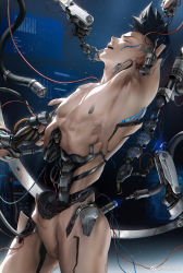 Rule 34 | 1boy, bad source, beitemian, brown hair, closed eyes, cyberpunk (series), cyberpunk edgerunners, cyborg, david martinez, disassembly, highres, joints, maintenance, male focus, mechanical arms, mechanical hands, mechanical parts, missing limb, mohawk, open mouth, robot joints, short hair, solo, spiked hair, spine