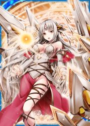 Rule 34 | 1girl, akkijin, card (medium), dress, gloves, long hair, looking at viewer, magic circle, mecha musume, official art, oracle ascendant (shinkai no valkyrie), orange eyes, orbit, shinkai no valkyrie, silver hair, solo, white dress, white gloves