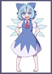 Rule 34 | 1girl, absurdres, barefoot, black border, blue bow, blue dress, blue eyes, blue hair, border, bow, cirno, collared shirt, dress, eyebrows hidden by hair, full body, hair bow, hands on own hips, highres, ice, ice wings, kame (kamepan44231), looking at viewer, neck ribbon, one-hour drawing challenge, open mouth, puffy short sleeves, puffy sleeves, red ribbon, ribbon, shirt, short hair, short sleeves, simple background, smile, solo, standing, teeth, touhou, upper teeth only, white background, white shirt, wings