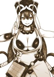 Rule 34 | 1girl, bead necklace, beads, bikini, bikini under clothes, bow, breasts, bridal gauntlets, cleavage, collarbone, cowboy shot, earrings, eyebrows, facing viewer, fate/grand order, fate (series), gourd, hair between eyes, haseru (ginku mh), hat, hoop earrings, jewelry, large breasts, long hair, looking at viewer, necklace, o-ring, parted lips, prayer beads, ring, simple background, solo, standing, straight hair, swimsuit, swimsuit under clothes, thigh gap, underboob, white background, xuangzang sanzang (fate)
