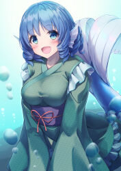 Rule 34 | 1girl, absurdres, blue eyes, blue hair, blush, breasts, fins, green kimono, head fins, highres, japanese clothes, kimono, long sleeves, medium breasts, mermaid, messiah &amp; crea, monster girl, obi, open mouth, sash, short hair, smile, solo, touhou, underwater, upper body, wakasagihime, wide sleeves