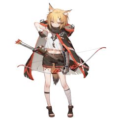 Rule 34 | 1girl, :|, animal ear fluff, animal ears, arknights, arm up, arrow (projectile), artist request, asymmetrical legwear, bandaged arm, bandaged leg, bandages, blonde hair, bow (weapon), cape, cat ears, closed mouth, ear piercing, fingerless gloves, fox ears, fox tail, full body, gauntlets, gloves, hair ornament, hairclip, hand up, holding, holding bow (weapon), holding weapon, hood, looking at viewer, navel, notched ear, official art, orange eyes, parted bangs, piercing, prosthesis, prosthetic arm, quiver, short hair, solo, source request, standing, tail, toeless footwear, transparent background, uneven legwear, v, vermeil (arknights), weapon