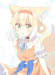 Rule 34 | 1girl, absurdres, animal ear fluff, animal ears, arknights, black choker, blonde hair, blue ribbon, blush, braid, braided hair rings, brown dress, bubble, bubble wand, choker, dress, fox ears, fox girl, fox tail, green eyes, hair between eyes, hair rings, hairband, hand up, highres, holding, kitsune, multicolored hair, neck ribbon, parted lips, puffy short sleeves, puffy sleeves, red hairband, ribbon, ryoku sui, shirt, short sleeves, simple background, sleeveless, sleeveless dress, solo, suzuran (arknights), suzuran (let&#039;s carnival!) (arknights), tail, two-tone hair, white background, white hair, white shirt