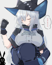 Rule 34 | ..., 2girls, amiya (arknights), animal ears, arknights, ascot, asususususu, belt, black gloves, black headwear, black jacket, rabbit ears, capelet, clenched hand, commentary request, doctor (arknights), closed eyes, gloves, grey shirt, hat, head on another&#039;s stomach, highres, hood, hooded jacket, hug, jacket, long hair, multiple girls, open clothes, open jacket, pants, shirt, silhouette, silver hair, skadi (arknights), speech bubble, upper body, very long hair, weapon, white background