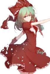Rule 34 | 1girl, arm ribbon, blush, bow, dress, front ponytail, full body, green eyes, green hair, hair bow, head scarf, highres, imoko (imonatsuki), kagiyama hina, looking at viewer, matching hair/eyes, outstretched arm, puffy short sleeves, puffy sleeves, red dress, red hair, ribbon, short hair, short sleeves, simple background, smile, solo, touhou, white background