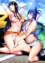 Rule 34 | 2girls, absurdres, armpits, arms up, black hair, blue eyes, blue hair, boots, bra, breasts, car, cleavage, covered erect nipples, female focus, gloves, hair ornament, hair ribbon, hairclip, highres, ikazaki reia, large breasts, long hair, looking at viewer, miniskirt, motor vehicle, multiple girls, navel, outdoors, p/a: potential ability, panties, ribbon, sei shoujo, skirt, sky, strapless, takajyou yuna, tube top, umbrella, underboob, underwear, vehicle, yellow eyes