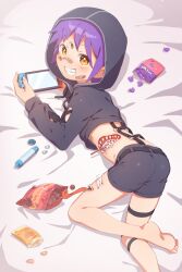 Rule 34 | 1boy, absurdres, bandaid, bandaid on face, barefoot, character request, commentary request, commission, extra eyes, extra mouth, fangs, haruno under, highres, hood, hoodie, indie virtual youtuber, looking at viewer, male focus, monster boy, nintendo switch, on bed, purple hair, sharp teeth, shorts, skeb commission, snack, solo, teeth, tongue, tongue out, virtual youtuber
