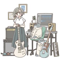 Rule 34 | 1girl, amplifier, bird, brown hair, east sha2, glasses, guitar, highres, holding, holding instrument, instrument, jewelry, keyboard (instrument), long skirt, looking at viewer, monitor, necklace, original, penguin, round eyewear, shirt, skirt, solo, speaker, white shirt