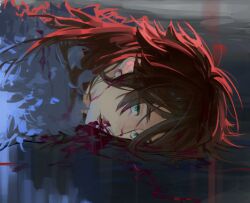 Rule 34 | 1boy, aqua eyes, blood, blood from mouth, blood on clothes, blood on face, blood on ground, brown hair, commentary, fur jacket, highres, isoi reiji, jacket, male focus, medium hair, nosebleed, on floor, open mouth, rrryo, saibou shinkyoku, sanpaku, solo, symbol-only commentary