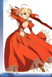 Rule 34 | 10s, 1girl, absurdres, aestus estus, ahoge, arm up, ass, backless dress, backless outfit, blonde hair, braid, breasts, butt crack, dress, epaulettes, fate/extra, fate/stay night, fate (series), from behind, green eyes, hair intakes, hair ribbon, highres, long sleeves, looking back, nero claudius (fate), nero claudius (fate) (all), nero claudius (fate/extra), open mouth, puffy sleeves, red dress, red theme, ribbon, simple background, solo, sword, type-moon, wada arco, weapon, white background