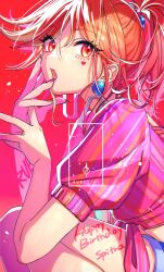 Rule 34 | 1girl, akroglam, character name, commentary request, dated, earrings, facial mark, from side, hair between eyes, hand to own mouth, hands up, happy birthday, heart, highres, jewelry, long hair, looking at viewer, nail polish, natsuharu, orange hair, pink shirt, ponytail, red background, red eyes, shirt, short sleeves, sitting, solo, spitha