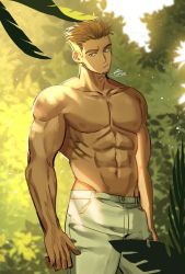 Rule 34 | 1boy, abs, bara, blonde hair, brk 603, closed mouth, facial hair, garden, highres, large pectorals, leaf, looking at viewer, male focus, mature male, muscular, muscular male, navel, original, pants, pectorals, plant, short hair, solo, stubble, topless male, white pants