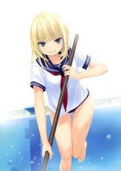Rule 34 | 1girl, absurdres, blonde hair, blue eyes, blue one-piece swimsuit, cleaning, cleaning brush, coffee-kizoku, feet, highres, looking at viewer, medium hair, mele retanagua, one-piece swimsuit, original, school swimsuit, school uniform, serafuku, solo, swimsuit, swimsuit under clothes