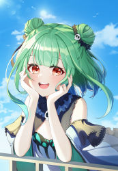 Rule 34 | 1girl, :d, black ribbon, blue dress, blue hair, blue sky, blush, cloud, commentary, day, detached collar, double bun, dress, green hair, green nails, gya (144), hair bun, hair ornament, hair ribbon, hands on own cheeks, hands on own face, head rest, highres, hololive, long hair, looking at viewer, multicolored hair, nail polish, open mouth, red eyes, ribbon, short sleeves, skull hair ornament, sky, smile, solo, streaked hair, teeth, upper body, upper teeth only, uruha rushia, uruha rushia (1st costume), virtual youtuber