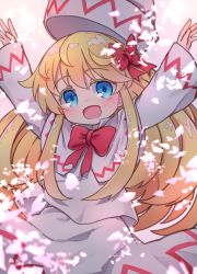 Rule 34 | 1girl, :d, arms up, blonde hair, blue eyes, blush, bow, capelet, colored eyelashes, commentary request, dress, hair between eyes, hair bow, hat, head tilt, highres, kibisake, lily white, long hair, long sleeves, looking at viewer, open mouth, outstretched arms, petals, red bow, sleeves past wrists, smile, solo, touhou, unworn hat, unworn headwear, very long hair, white capelet, white dress, white hat, wide sleeves