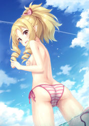 Rule 34 | 10s, 1girl, ass, back, bikini, blonde hair, blue sky, blush, bow, breasts, brown eyes, commentary request, covering breasts, covering privates, day, drill hair, eromanga sensei, from behind, hair bow, highres, long hair, looking at viewer, looking back, outdoors, pointy ears, revision, side-tie bikini bottom, sky, small breasts, solo, standing, striped bikini, striped clothes, swimsuit, tomifumi, topfreedom, topless, unworn bikini top, wading, water, wet, yamada elf
