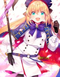 Rule 34 | 1girl, absurdres, artoria caster (fate), artoria caster (second ascension) (fate), artoria pendragon (fate), black gloves, blonde hair, breasts, canarinu, coat, eyebrows hidden by hair, fate/grand order, fate (series), gloves, green eyes, hair ribbon, hat, highres, holding, holding staff, long hair, looking at viewer, open mouth, petals, ribbon, smile, solo, staff, twintails