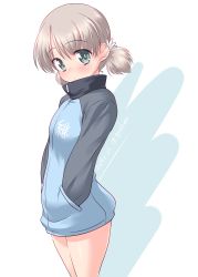 Rule 34 | 1girl, aki (girls und panzer), blue jacket, blush, closed mouth, commentary, cowboy shot, dated, emblem, girls und panzer, green eyes, hair tie, hands in pockets, head tilt, highres, jacket, keizoku military uniform, kuzuryuu kennosuke, light brown hair, long sleeves, looking at viewer, military, military uniform, no pants, raglan sleeves, short hair, short twintails, solo, standing, track jacket, twintails, twitter username, uniform, white background, zipper