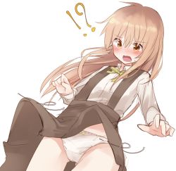 !? black_skirt blush green_ribbon light_brown_hair long_hair open_mouth original panties ribbon rogu_(log_264) simple_background skirt suspender_skirt suspenders sweatdrop underwear wind wind_lift yellow_eyes