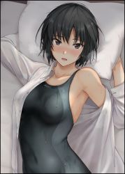 Rule 34 | 1girl, amagami, bare shoulders, black eyes, black hair, black one-piece swimsuit, blouse, blush, bob cut, breasts, breath, brown eyes, closed mouth, collarbone, competition swimsuit, covered navel, dress shirt, hair between eyes, holding, holding pillow, large breasts, long sleeves, looking at viewer, medium breasts, mobu, nanasaki ai, nose blush, off shoulder, one-piece swimsuit, open clothes, open shirt, parted lips, pillow, shirt, short hair, simple background, solo, standing, steam, swimsuit, swimsuit under clothes, upper body, water drop, wet, wet clothes, wet hair, wet swimsuit, white background, white shirt
