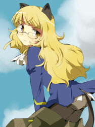 Rule 34 | 00s, 1girl, animal ears, ass, blonde hair, cat ears, cat girl, cat tail, female focus, glasses, kiko (strategist), long hair, looking back, outdoors, panties, panties under pantyhose, pantyhose, perrine h. clostermann, sky, solo, strike witches, striker unit, tail, underwear, uniform, world witches series, yellow eyes