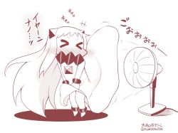 Rule 34 | &gt; &lt;, +++, 10s, 1girl, abyssal ship, blush, chibi, clothes lift, contemporary, covered mouth, dress, dress lift, electric fan, closed eyes, horns, kantai collection, long hair, mittens, monochrome, northern ocean princess, nose blush, sleeveless, sleeveless dress, solo, twitter username, yamato nadeshiko
