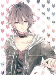 Rule 34 | 1boy, ace (playing card), ace of hearts, alicetype, amnesia (idea factory), bishounen, card, choker, grey hair, heart, heart background, jacket, male focus, pink eyes, playing card, shin (amnesia), shirt, smile, solo