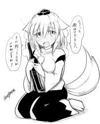 Rule 34 | 1girl, animal ears, blush, breasts, drunk, fangs, greyscale, hat, inubashiri momiji, looking at viewer, medium breasts, monochrome, open mouth, short hair, signature, simple background, sitting, solo, speech bubble, tail, taurine 8000mg, tokin hat, touhou, wariza, white background, wolf ears, wolf tail