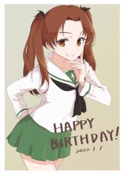 Rule 34 | 1girl, absurdres, arm behind back, black neckerchief, black ribbon, border, brown eyes, brown hair, commentary request, cowboy shot, dated, gesture request, girls und panzer, gradient background, green skirt, grin, hair ribbon, hand on own ass, hand to own mouth, hand up, happy birthday, highres, kadotani anzu, long hair, long sleeves, looking at viewer, neckerchief, ooarai school uniform, oritako, parted bangs, pleated skirt, ribbon, sailor collar, school uniform, serafuku, shirt, skirt, smile, solo, standing, teeth, twintails, white border, white sailor collar, white shirt
