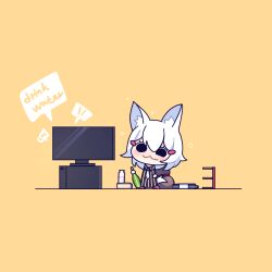 Rule 34 | 1girl, alcohol, bottle, chibi, commentary, cross (vgne4542), drunk, fox tail, highres, phase connect, sake, short hair, simple background, tail, tenma maemi, virtual youtuber, white hair, yellow background