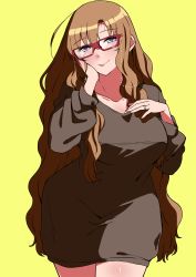 Rule 34 | 1girl, ahoge, blue eyes, breasts, brown dress, brown hair, chain, cleavage, closed mouth, coffee mug, collarbone, cowboy shot, cup, curvy, dress, earrings, glasses, hand on own chest, hand on own face, highres, huge breasts, jewelry, komusou (jinrikisha), long hair, long sleeves, looking at viewer, mature female, mole, mole on body, mug, ooba minori&#039;s mother, original, red-framed eyewear, ring, simple background, smile, solo, standing, thighs, very long hair, white background, yellow background
