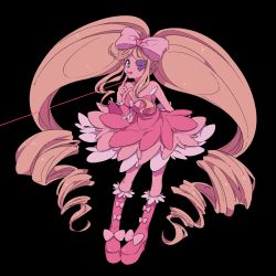 Rule 34 | 10s, 1girl, black background, blonde hair, blue eyes, boots, bow, dress, drill hair, eyepatch, hair bow, harime nui, highres, kill la kill, life fiber, long hair, pink bow, pink footwear, solo, thread, tochiko (spi), tongue, twin drills, twintails, wrist cuffs