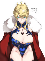 Rule 34 | 1girl, artoria pendragon (fate), artoria pendragon (lancer) (fate), bare shoulders, blonde hair, blue gloves, blue leotard, blue thighhighs, braid, breasts, candy, cape, chocolate, chocolate heart, chocolate on body, chocolate on breasts, cleavage, cleavage cutout, clothing cutout, crown, deep skin, elbow gloves, fate/grand order, fate (series), food, food on body, french braid, fur collar, gloves, green eyes, hair between eyes, hands on own chest, heart, heattech leotard, highleg, highleg leotard, highres, large breasts, leotard, long hair, looking at viewer, red cape, sidelocks, smile, solo, sparkle, thighhighs, thighs, tooya daisuke, turtleneck