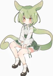 Rule 34 | 1girl, apron, blush, bobby socks, bridal garter, dress, expressionless, flat chest, flower, full body, green hair, hair flower, hair ornament, high heels, highres, long hair, looking at viewer, low ponytail, mary janes, orange eyes, ovoip, shoes, simple background, socks, solo, voicevox, waitress, white background, zundamon