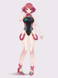 Rule 34 | 1girl, black one-piece swimsuit, blush, breasts, competition swimsuit, full body, highres, large breasts, looking at viewer, one-piece swimsuit, pink background, pyra (pro swimmer) (xenoblade), pyra (xenoblade), red eyes, red footwear, red hair, red one-piece swimsuit, shinae, short hair, simple background, smile, solo, standing, swept bangs, swimsuit, tiara, xenoblade chronicles (series), xenoblade chronicles 2