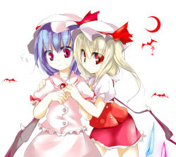 Rule 34 | 2girls, blouse, collared shirt, female focus, flandre scarlet, hat, highres, mob cap, multiple girls, oouso, pink shirt, remilia scarlet, shirt, siblings, sisters, skirt, touhou, white background, white shirt