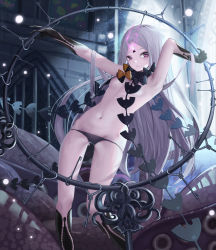 Rule 34 | 1girl, abigail williams (fate), abigail williams (third ascension) (fate), absurdres, armpits, black gloves, black panties, black pants, black socks, breasts, convenient censoring, fate/grand order, fate (series), floating hair, gloves, gluteal fold, groin, highres, holding, indoors, kneehighs, leaning back, long hair, looking at viewer, navel, nekobell, panties, pants, parted bangs, parted lips, purple eyes, revealing clothes, silver hair, small breasts, socks, solo, thigh gap, topless, underwear, very long hair