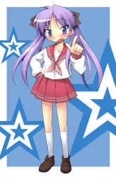 Rule 34 | 00s, 1girl, :d, blue background, blue eyes, blue hair, border, full body, hiiragi kagami, kneehighs, loafers, long sleeves, looking at viewer, lucky star, matching hair/eyes, neckerchief, nippori, open mouth, outside border, pink hair, pink neckerchief, pleated skirt, pointing, pointing at viewer, red skirt, school uniform, serafuku, shoes, simple background, skirt, smile, socks, solo, standing, star (symbol), twintails, white socks