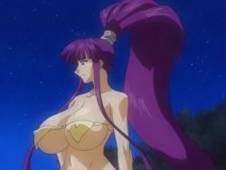 Rule 34 | 00s, 1girl, animated, animated gif, anime screenshot, big hair, bouncing breasts, breasts, cleavage, covered erect nipples, eiken, gainaxing, hand on own hip, hip focus, huge breasts, long hair, misono kirika, navel, open mouth, ponytail, purple hair, smile, solo, swimsuit, twintails, unaligned breasts, very long hair